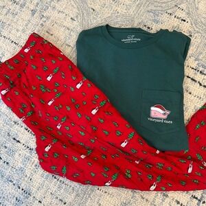 Vineyard Vines Mens Christmas Pajama Set Top Pants Green Red Santa Small Medium